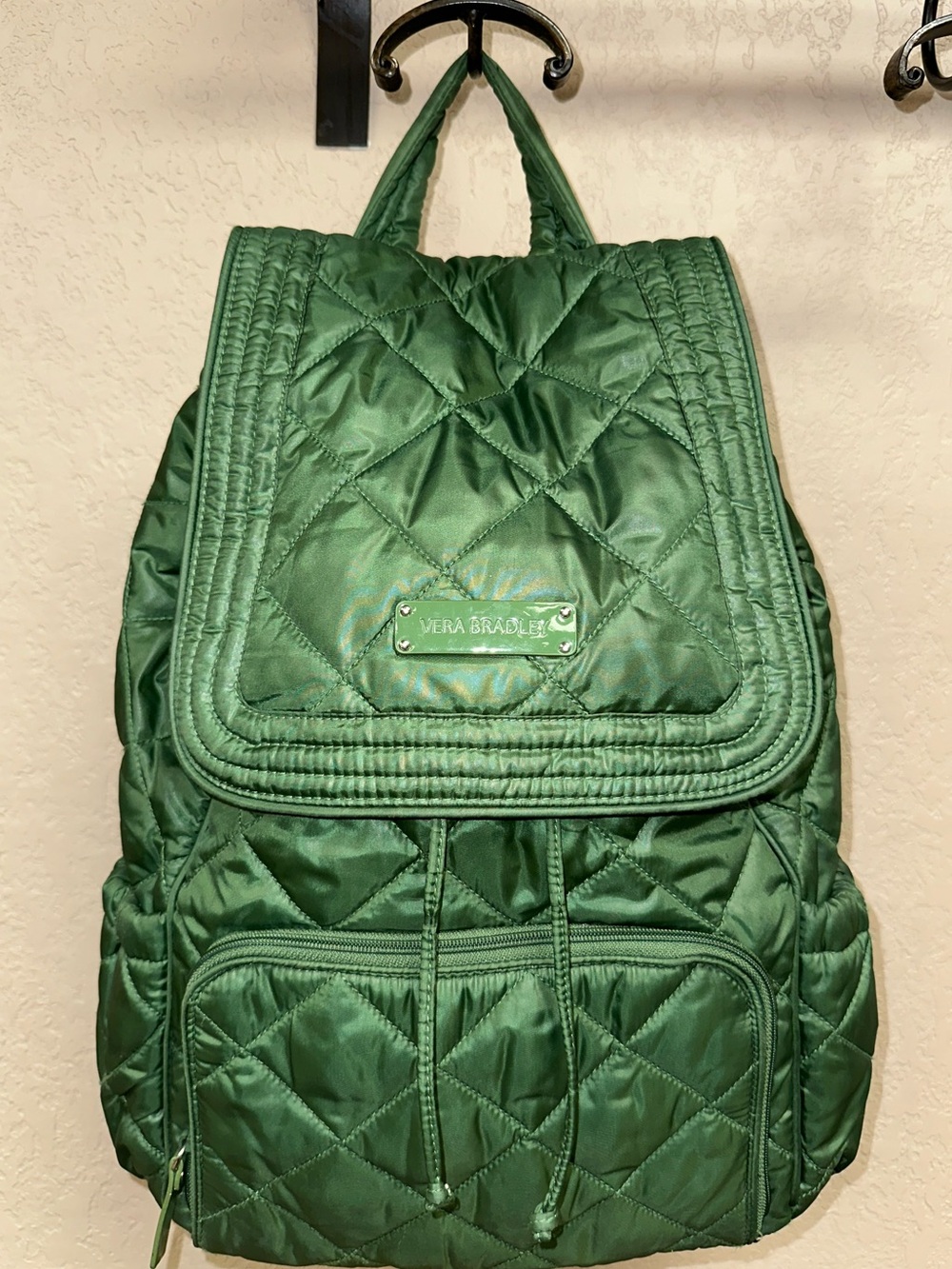 Vera Bradley Puffy Nylon Backpack in Green With Olivia Pink Lining Excellent!